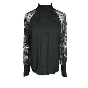 Banjara Women's Black Floral Embroidered Long Sleeve Blouse Size L Mockneck